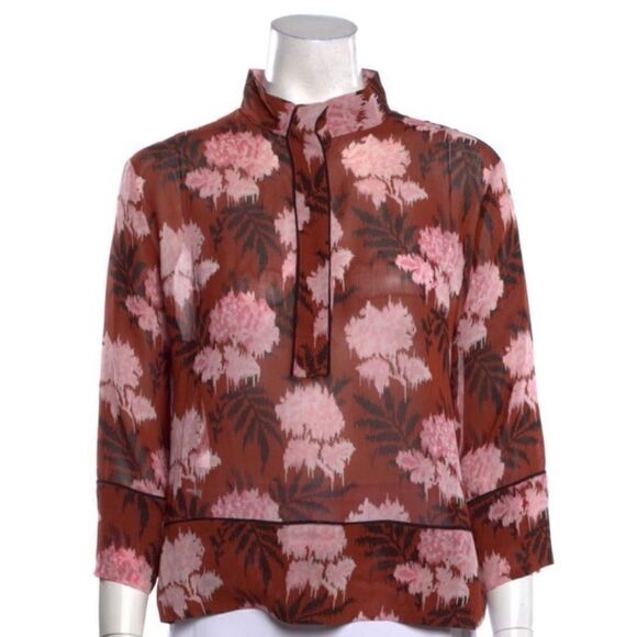 Ganni Floral print 3/4 sleeve with mock neck button closure viscose top- XL - Picture 1 of 5